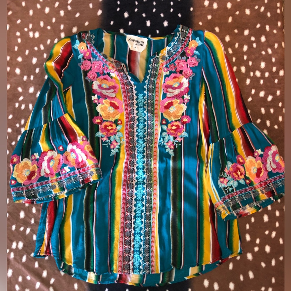 Savanna Jane Festive Turquoise serape floral top with Bell sleeves
